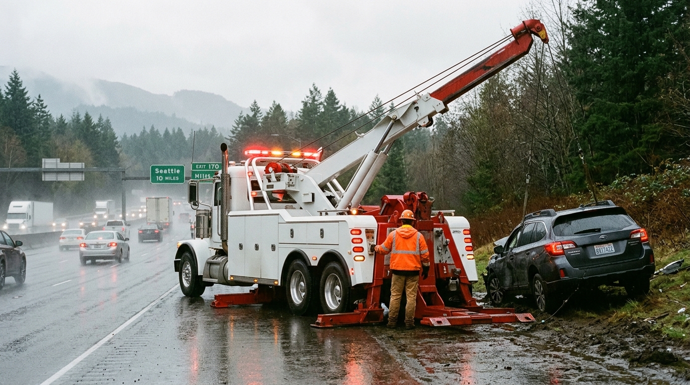 Heavy duty recovery wrecker tow truck clearing roadside vehicle on SR-512 in Pierce County WA
