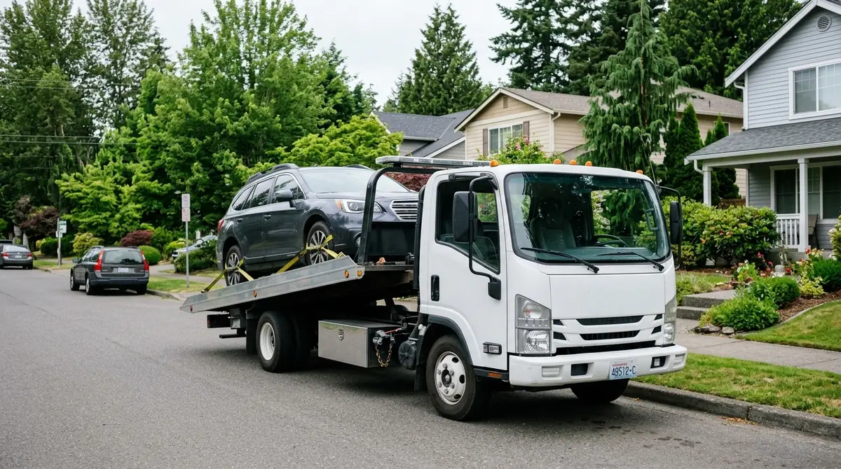 Hydraulic rollback flatbed tow truck securely loading SUV in Puyallup WA