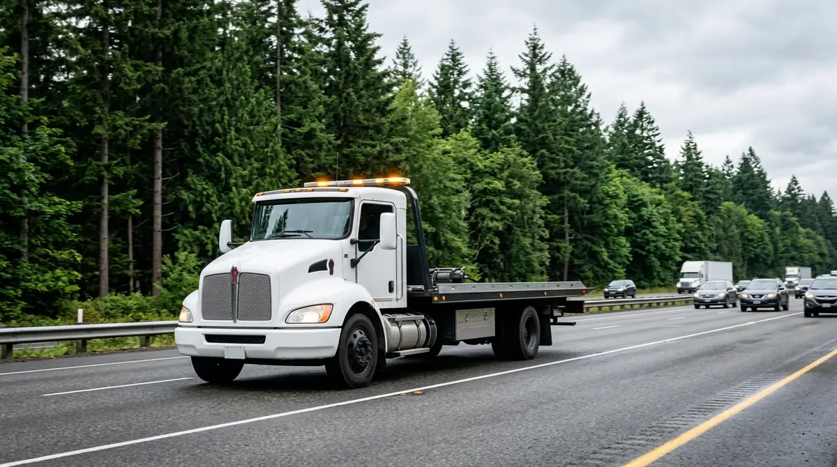 Puyallup Towing & Recovery commercial flatbed rollback tow truck driving in Puyallup Washington